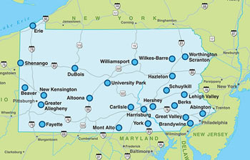 A map of Penn State Commonwealth campuses.