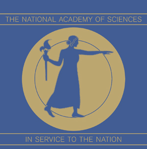 The National Academy logo, a woman with a staph