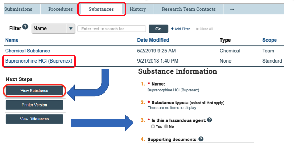 Picture of steps to select a standard substance to view