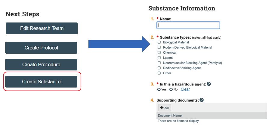 Picture of create a substance button and information page for the substance
