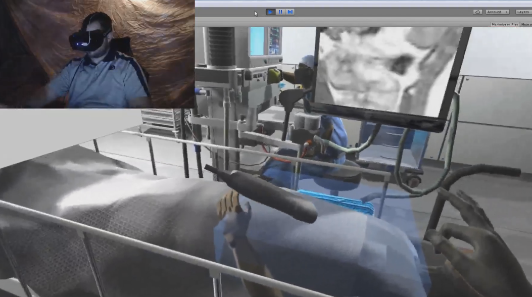 A user with a virtual reality headset exploring an operating room.