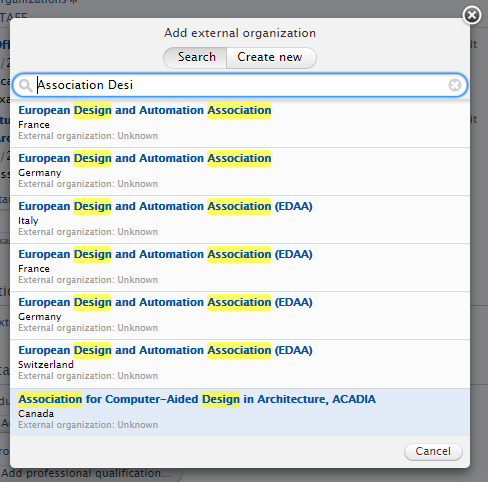 screenshot of organization selection window.