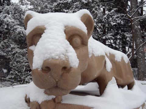 Nittany Lion statue covered in snow