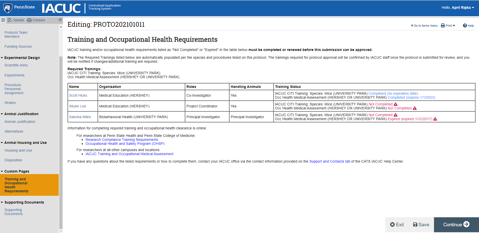 Training and Occupational Health Requirements Page Screenshot.png